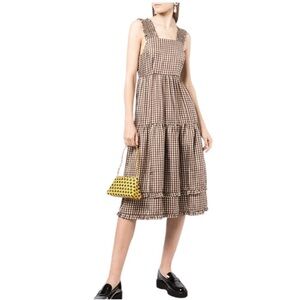 Shrimps Luna Gingham Silk Tiered Midi Dress size 12 brown white gingham dress